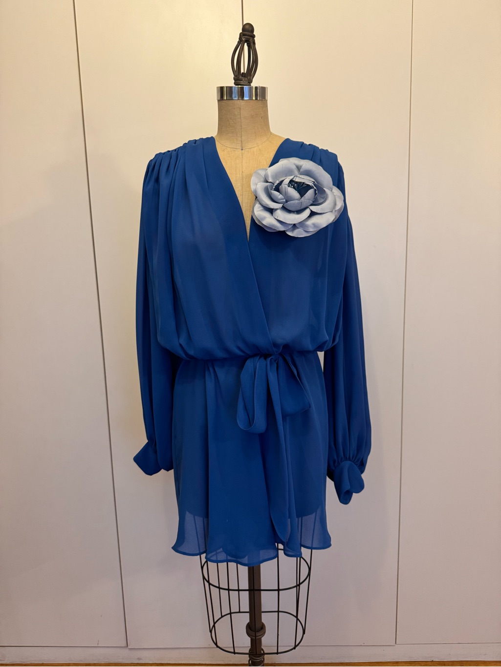 80’s Royal Blue Chiffon Wrap Dress With Flower Pin